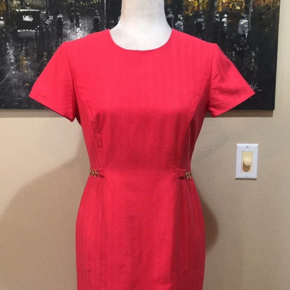 Talbots Pink Jacquard Sheath Cotton/Silk Dress with Gold Metal Accents Waist-4 - Picture 5 of 11